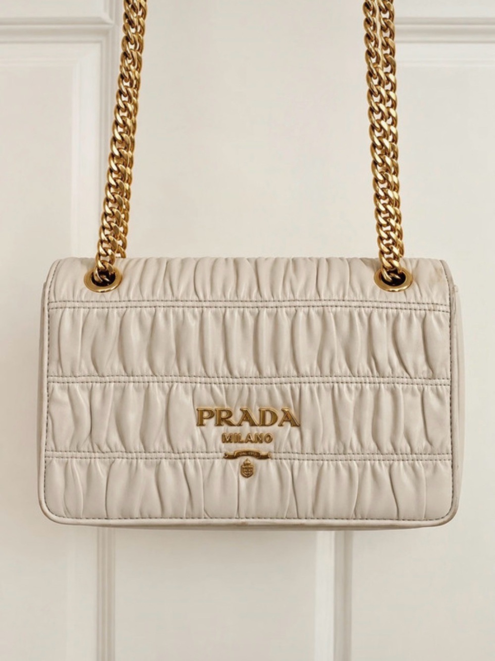 Prada Nappa Gaufre 1BD147 Bianco White/Ivory Leather Shoulder Bag